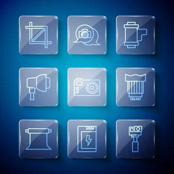 Set line Empty photo studio, Battery for camera, Action, Camera roll cartridge 库存插图