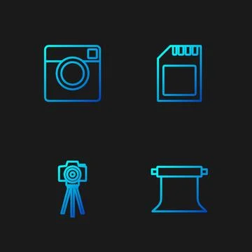 Set line Empty photo studio, Photo camera, and SD card. Gradient color icons Stock Illustration