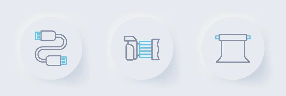 Set line Empty photo studio, Photo camera and USB cable cord icon. Vector 스톡 일러스트