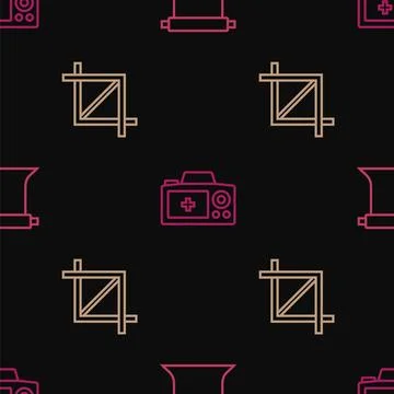 Set line Empty photo studio, Picture crop and Photo camera on seamless patt.. 库存插图