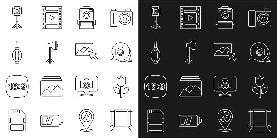 Set line Empty photo studio, Photo mode macro, camera, Studio light bulb in.. Illustrazione stock