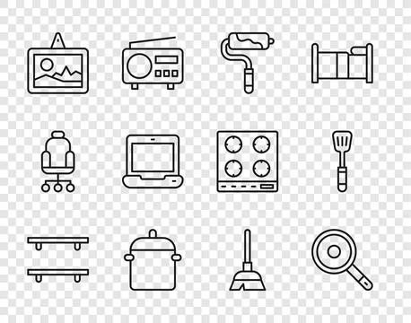 Set line Empty wooden shelves, Frying pan, Paint roller brush, Cooking pot,.. Stock Illustration