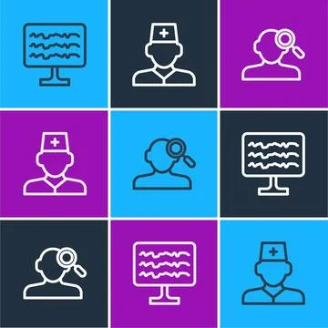 Set line Encephalogram, Finding problem in psychology and Male doctor icon Illustrazione stock