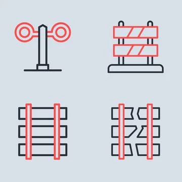 Set line End of railway tracks, Railway barrier, Broken or cracked and Trai.. Stock Illustration