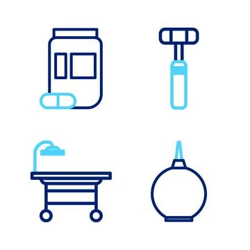 Set line Enema, Operating table, Neurology reflex hammer and Medicine bottl.. Illustrazione stock