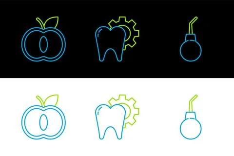 Set line Enema pear, Apple and Tooth treatment procedure icon. Vector Stock Illustration