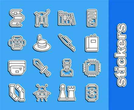 Set line Energy drink, Processor with CPU, Book, Man hat, School backpack,  a Stock Illustration