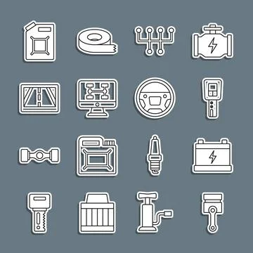 Set line Engine piston, Car battery, key with remote, Gear shifter, Diagnostics Illustrazione stock