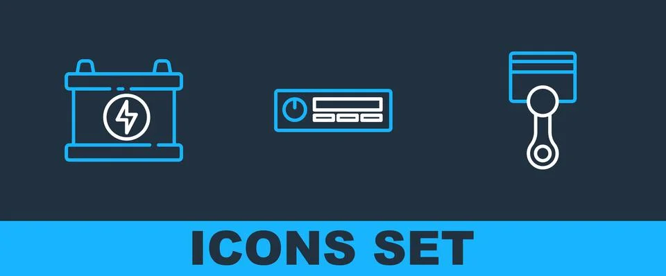 Set line Engine piston, Car battery and Audio icon. Vector イラスト素材