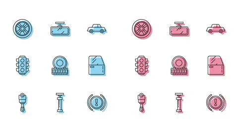 Set line Engine piston, , Car wheel, Brake system warning, door, Traffic light Stock Illustration