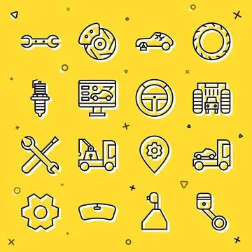 Set line Engine piston, Car transporter truck, wash, Broken car, Diagnostics Illustrazione stock