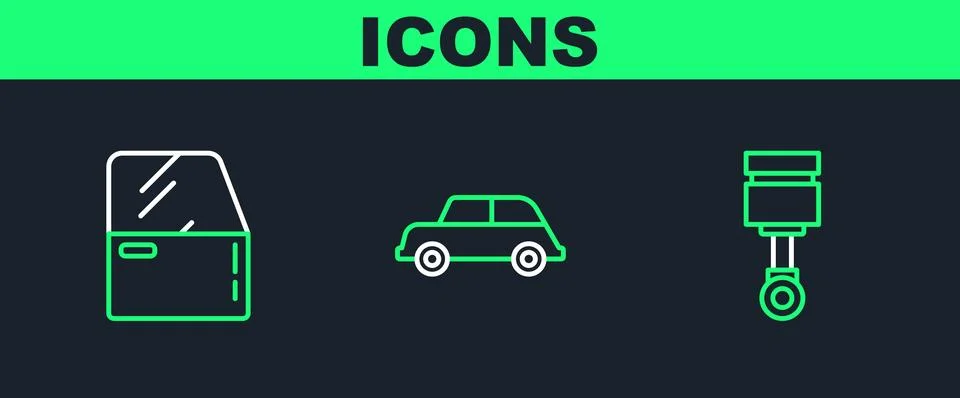 Set line Engine piston, Car door and icon. Vector Illustration