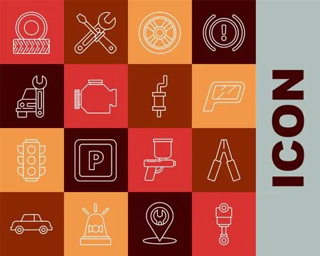 Set line Engine piston, Car battery jumper power cable, mirror, wheel, Check Stock Illustration