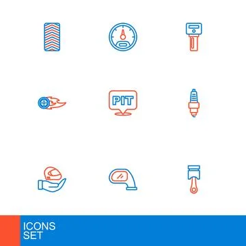 Set line Engine piston, Car mirror, Racing helmet, spark plug, Wheel fire f.. Stock Illustration