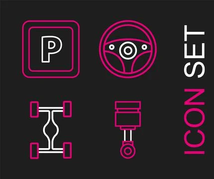 Set line Engine piston, Chassis car, Steering wheel and Parking icon. Vector 스톡 일러스트