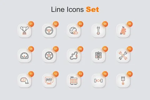 Set line Engine piston, Chassis car, Car radiator cooling system, Pit stop,.. Stock Illustration