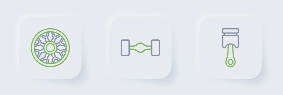 Set line Engine piston, Chassis car and Alloy wheel for icon. Vector Stock Illustration