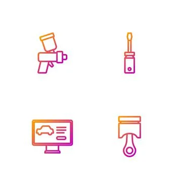 Set line Engine piston, Diagnostics condition of car, Paint spray gun and Scr Illustrazione stock