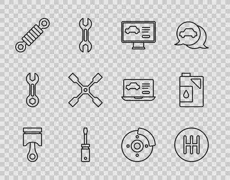 Set line Engine piston, Gear shifter, Diagnostics condition of car, Screwdriver Illustrazione stock