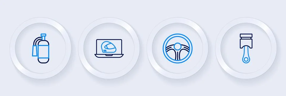 Set line Engine piston, Racing steering wheel, helmet and Fire extinguisher.. Stock Illustration