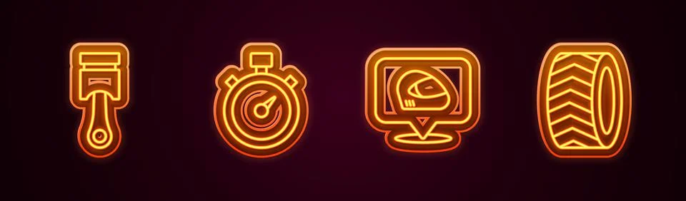 Set line Engine piston, Stopwatch, Racing helmet and Car tire wheel. Glowing Stock Illustration