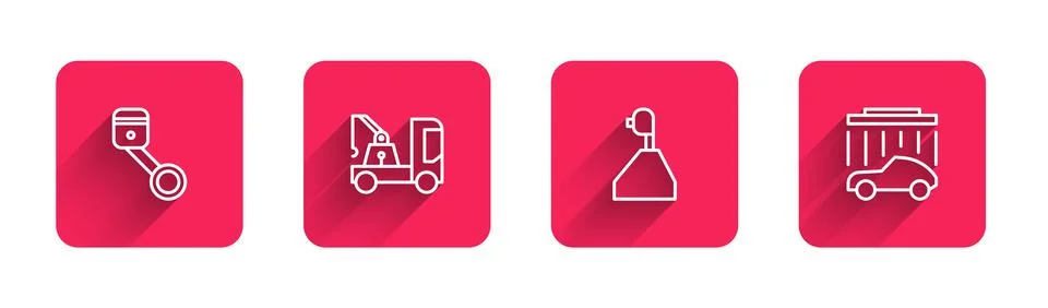 Set line Engine piston, Tow truck, Gear shifter and Car wash with long shadow Stock Illustration