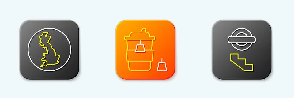 Set line England map, Coffee cup to go and London underground icon. Vector Stock Illustration
