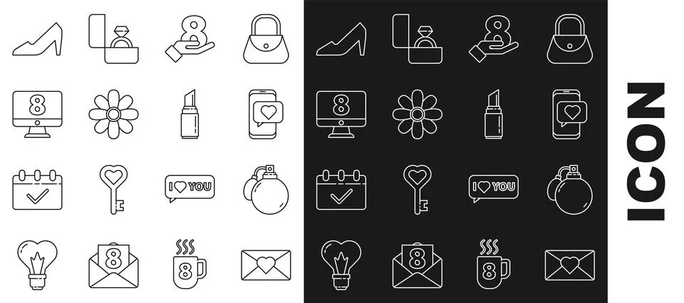 Set line Envelope with 8 March, Perfume, Online dating app and chat, on hand Stock-Illustration