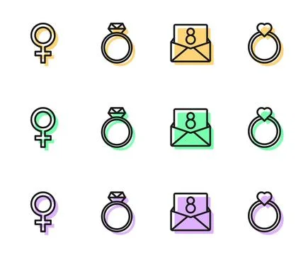 Set line Envelope with 8 March, Female gender symbol, Diamond engagement ri.. Illustration