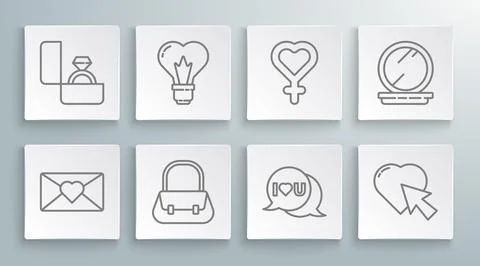 Set line Envelope with 8 March, Heart shape in light bulb, Handbag, Speech .. Stock Illustration