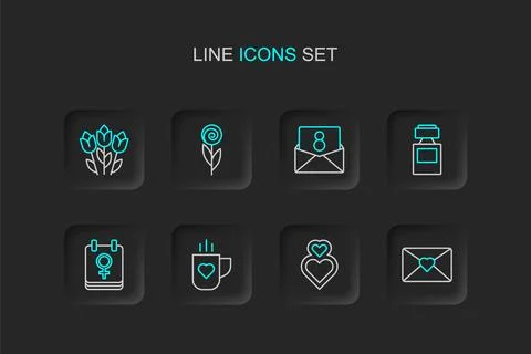 Set line Envelope with 8 March Heart Coffee cup and heart Calendar Perfume Fl Ilustração Stock