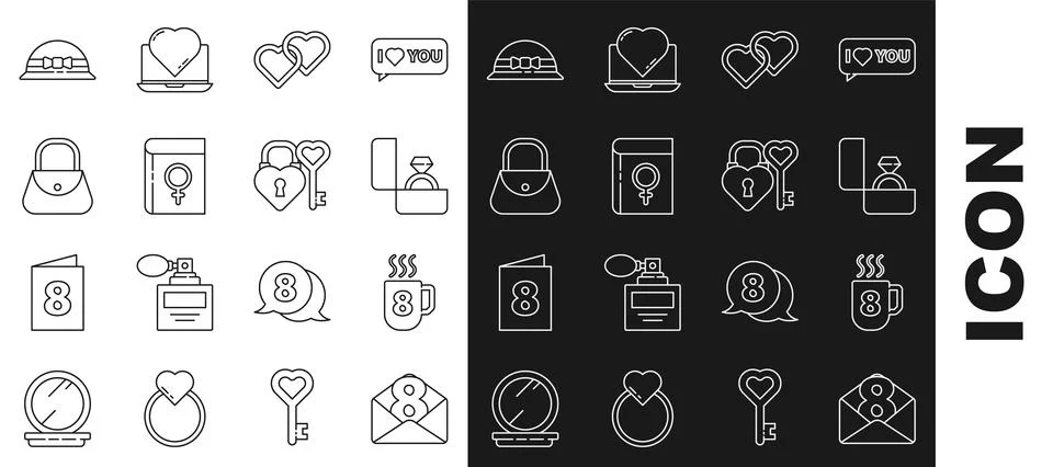 Set line Envelope with 8 March, Coffee cup, Diamond engagement ring, Two Li.. Stock Illustration