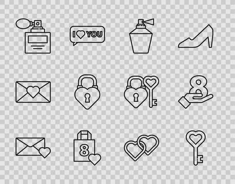 Set line Envelope with 8 March, Key in heart shape, Perfume, Shopping bag, .. Stock Illustration