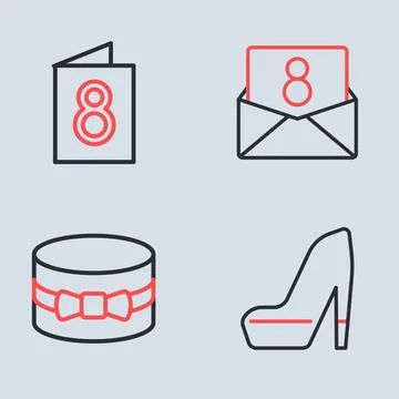 Set line Envelope with 8 March, Gift box and heart, Woman shoe and Greeting.. Stock Illustration