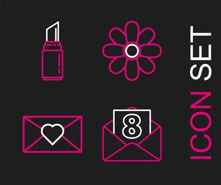 Set line Envelope with 8 March, Flower and Lipstick icon. Vector Stock Illustration