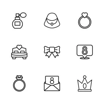 Set line Envelope with 8 March, King crown, Gift bow, Diamond engagement ri.. Stock Illustration