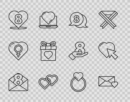 Set line Envelope with 8 March, in speech bubble, Two Linked Hearts, Gift b.. Stock Illustration