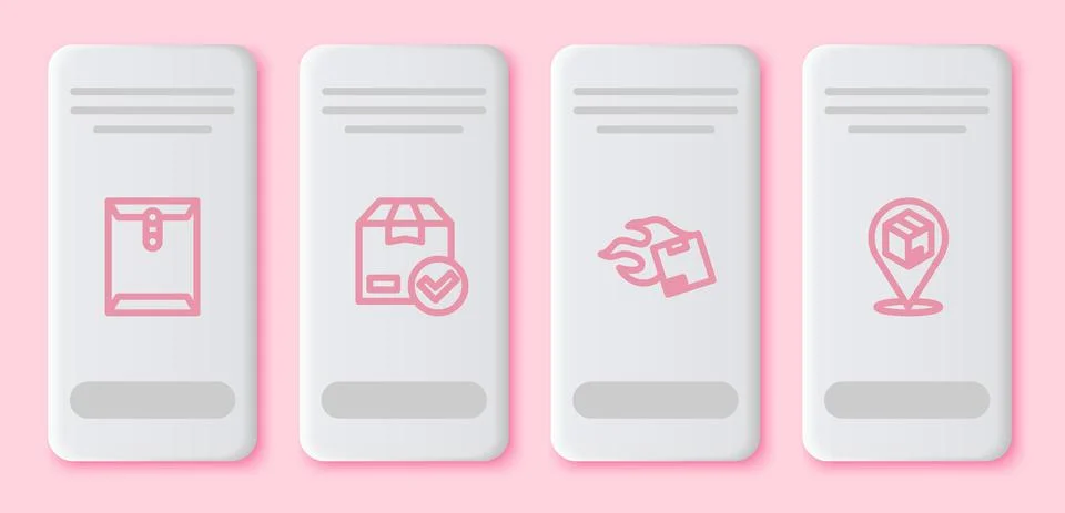 Set line Envelope, ackage box with check mark, Carton cardboard and Location 스톡 일러스트