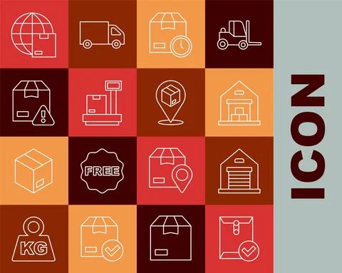 Set line Envelope and check mark, Warehouse, Cardboard box with clock, Scale Stock Illustration