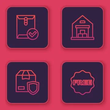 Set line Envelope and check mark, Delivery security with shield, Warehouse and Illustrazione stock