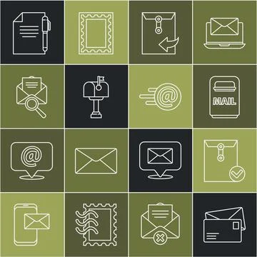 Set line Envelope, and check mark, Mail box, with magnifying glass, Document pen Illustrazione stock