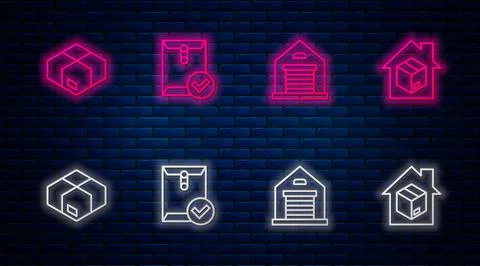 Set line Envelope and check mark, Warehouse, Carton cardboard box and Home Ilustración de archivo