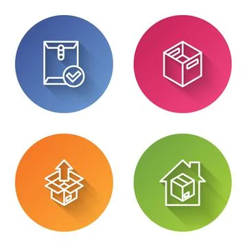 Set line Envelope and check mark, Carton cardboard box, Unboxing and Home del Stock Illustration