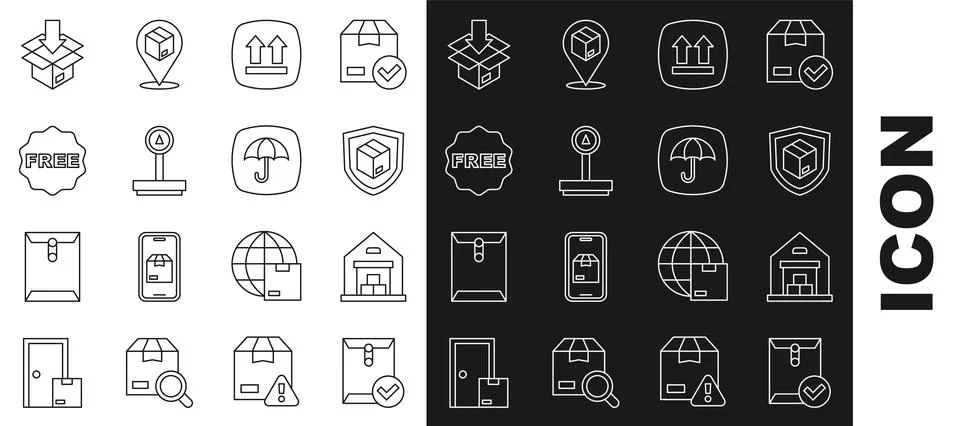Set line Envelope and check mark, Warehouse, Delivery security with shield, This Illustrazione stock