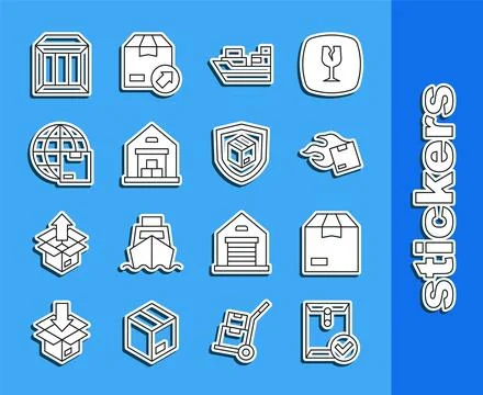 Set line Envelope and check mark, Carton cardboard box, Cargo ship with boxes Stock Illustration