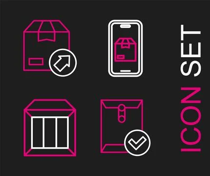 Set line Envelope and check mark, Carton cardboard box, Mobile app delivery Stock Illustration