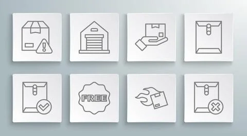 Set line Envelope and check mark, Warehouse, rice tag with Free, Carton car.. Stock Illustration