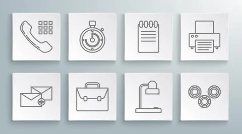 Set line Envelope, Briefcase, Table lamp, Gear, Notebook, Printer and Telep.. Stock Illustration