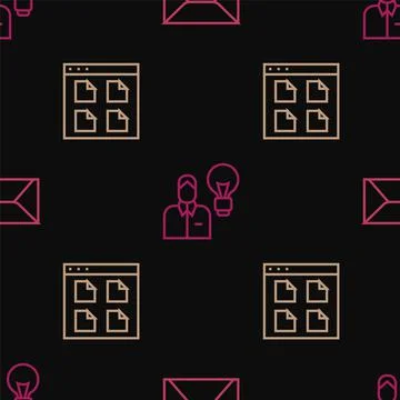 Set line Envelope, Browser files and Human with lamp bulb on seamless pattern Stock Illustration