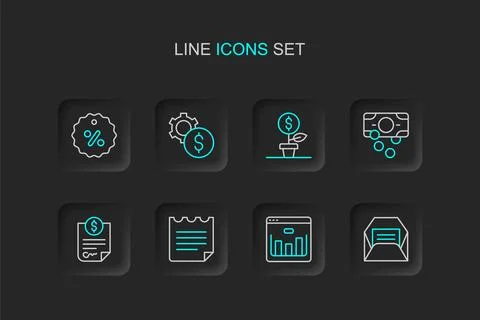 Set line Envelope, Browser with stocks market, Notebook, Contract money, St.. Illustrazione stock